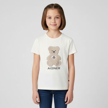Girls Ivory Teddy Bear Logo T-Shirt