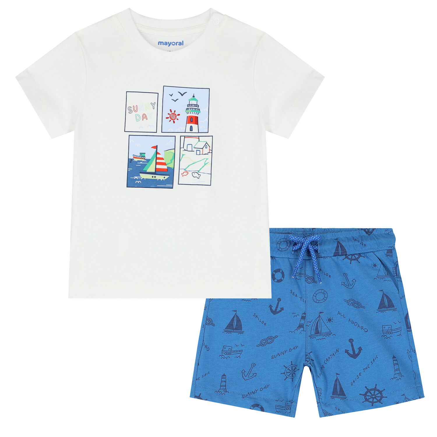 Younger Boys White & Blue Shorts Set, 1, hi-res