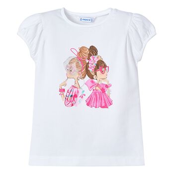 Girls White Puff-Sleeve T-Shirt