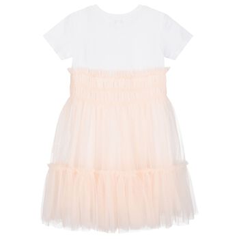 Girls White & Pink Logo Tulle Dress