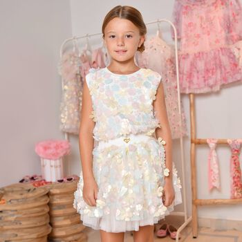 Girls White Pink & Blue Floral Appliques Top 