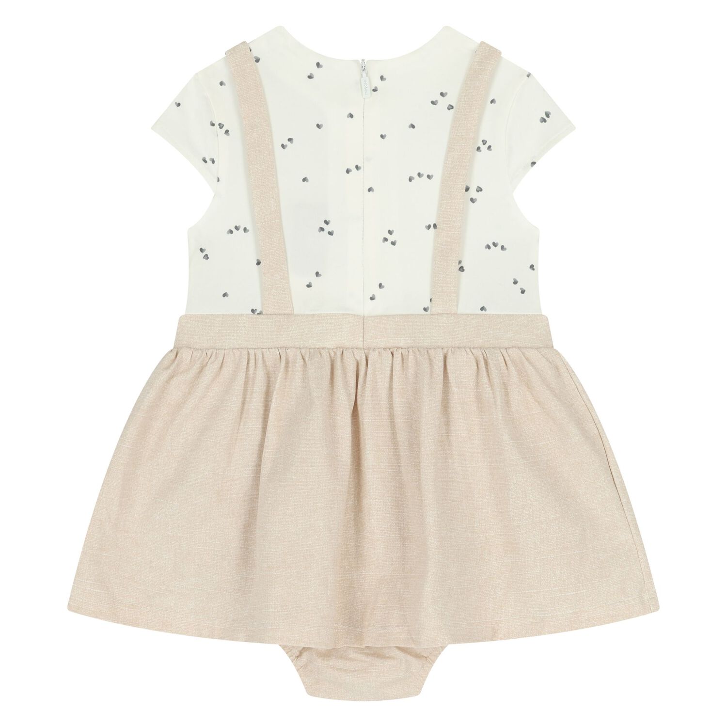 Baby Girls Beige & Ivory Teddy Bear Dungaree Dress Set, 1, hi-res