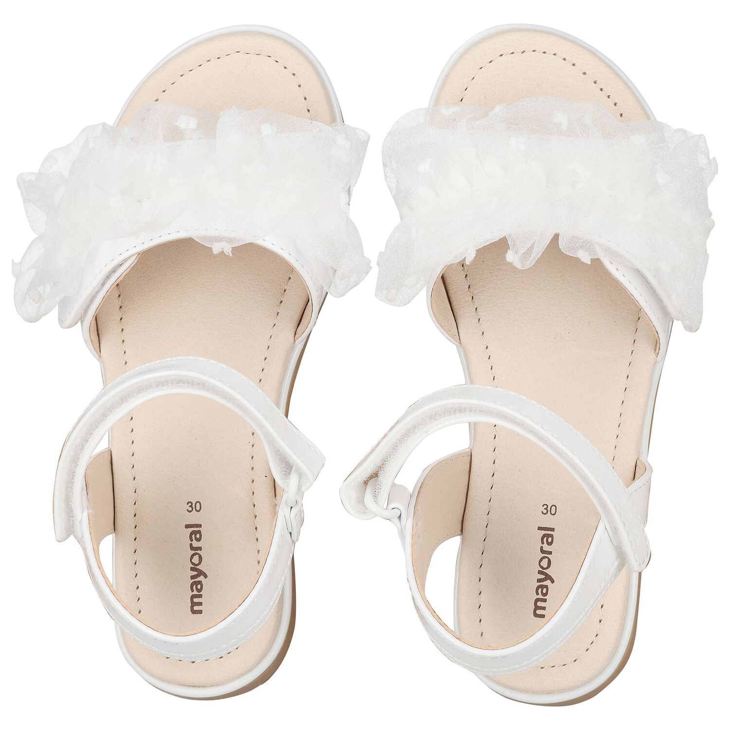 Girls White Tulle Ruffle Sandals, 1, hi-res image number null