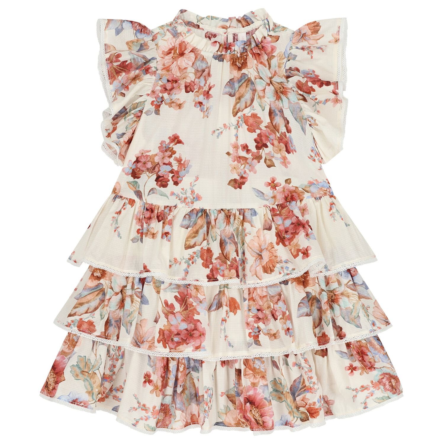 Girls Ivory & Pink Floral Tiered Dress, 1, hi-res