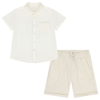 Boys Ivory & Beige Striped Shorts Set