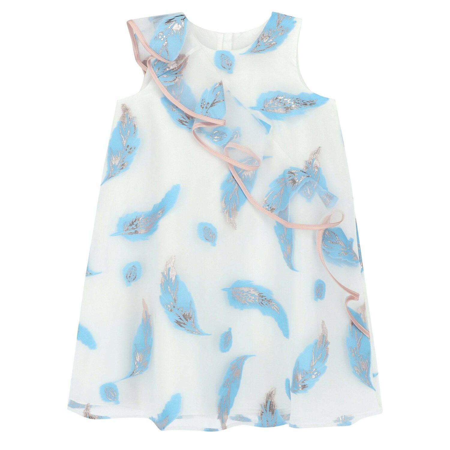 Girls White & Blue Feather Organza Dress, 1, hi-res
