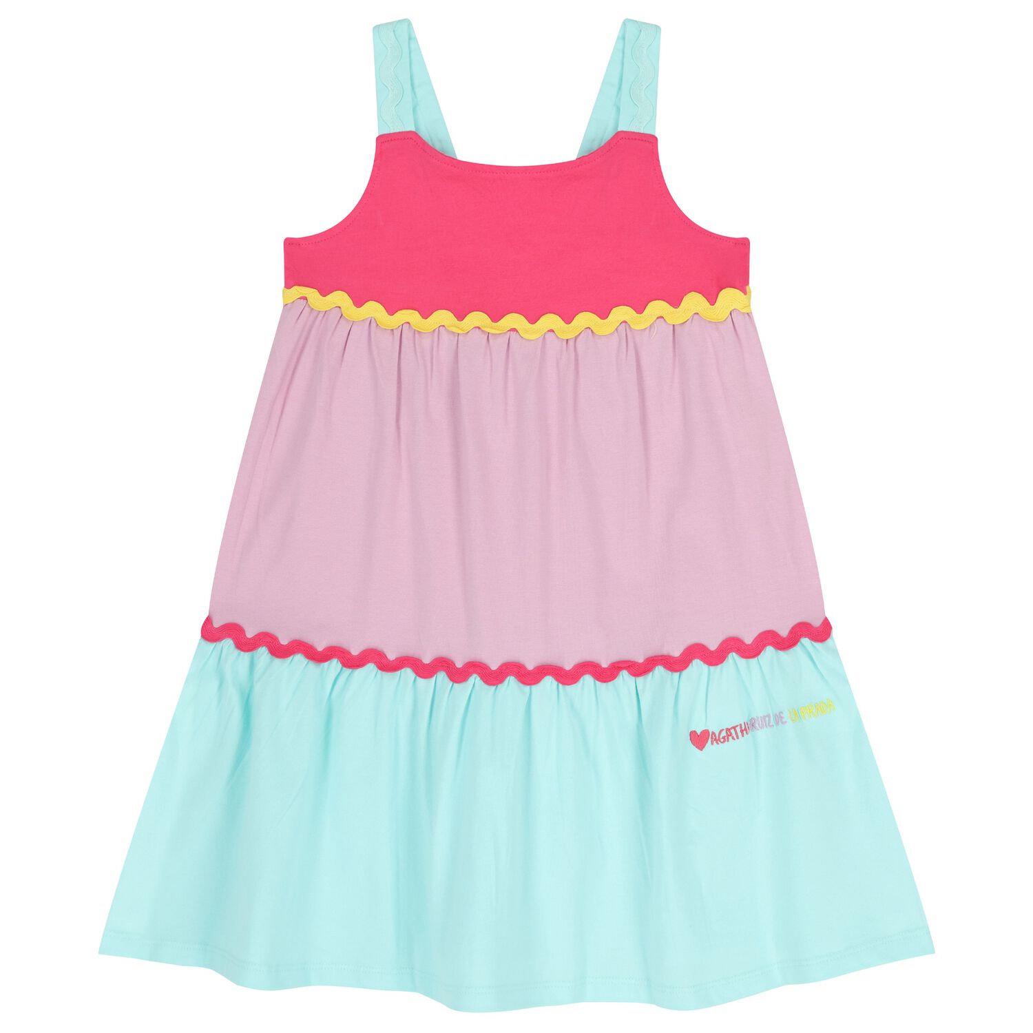 Girls Pink & Aqua Logo Tiered Dress, 1, hi-res