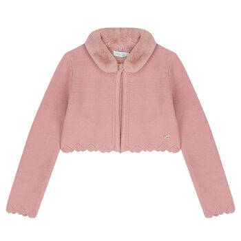 Girls Pink Faux Fur Collar Cardigan
