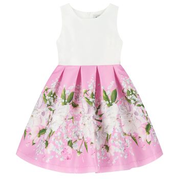 Girls White & Pink Floral Satin Dress