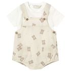 Baby Boys White & Beige Dungaree Set, 1, hi-res