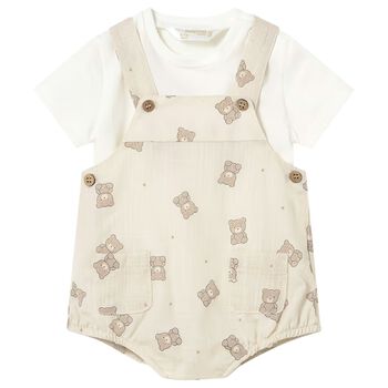 Baby Boys White & Beige Dungaree Set