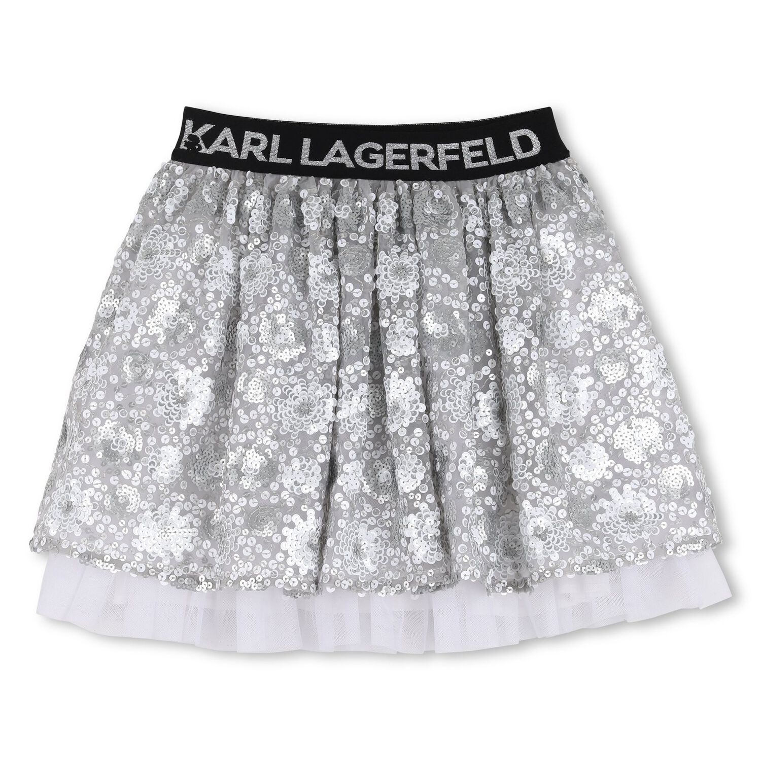 Girls Silver Sequinned Skirt, 1, hi-res