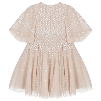 Girls Beige Sequin Tulle Cape Dress 