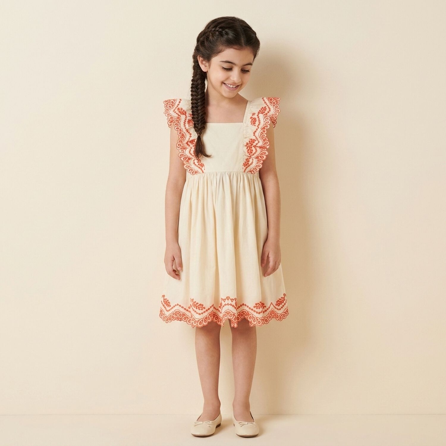 Girls Orange Broderie Anglaise Dress, 1, hi-res