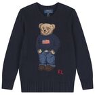 Boys Navy Blue Polo Bear Logo Knitted Sweatshirt, 1, hi-res