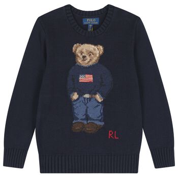 Boys Navy Blue Polo Bear Logo Knitted Sweatshirt