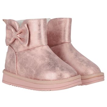 Girls Metallic Pink Faux Leather Bow Boots