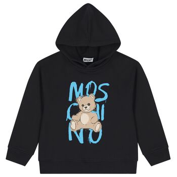Boys Black Teddy Bear Logo Hooded Top