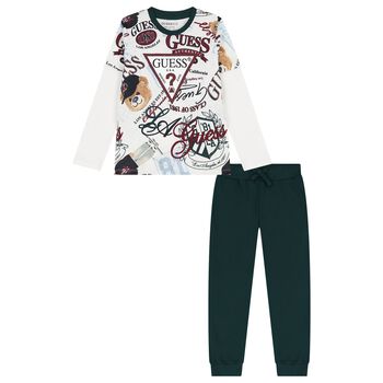 Boys White & Green Teddy Bear Logo Joggers Set