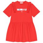 Girls Red Logo Ruffled Dress, 2, hi-res