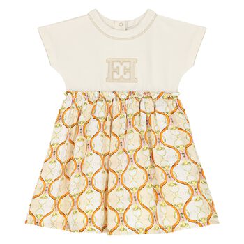 Younger Girls Ivory & Beige Logo Dress