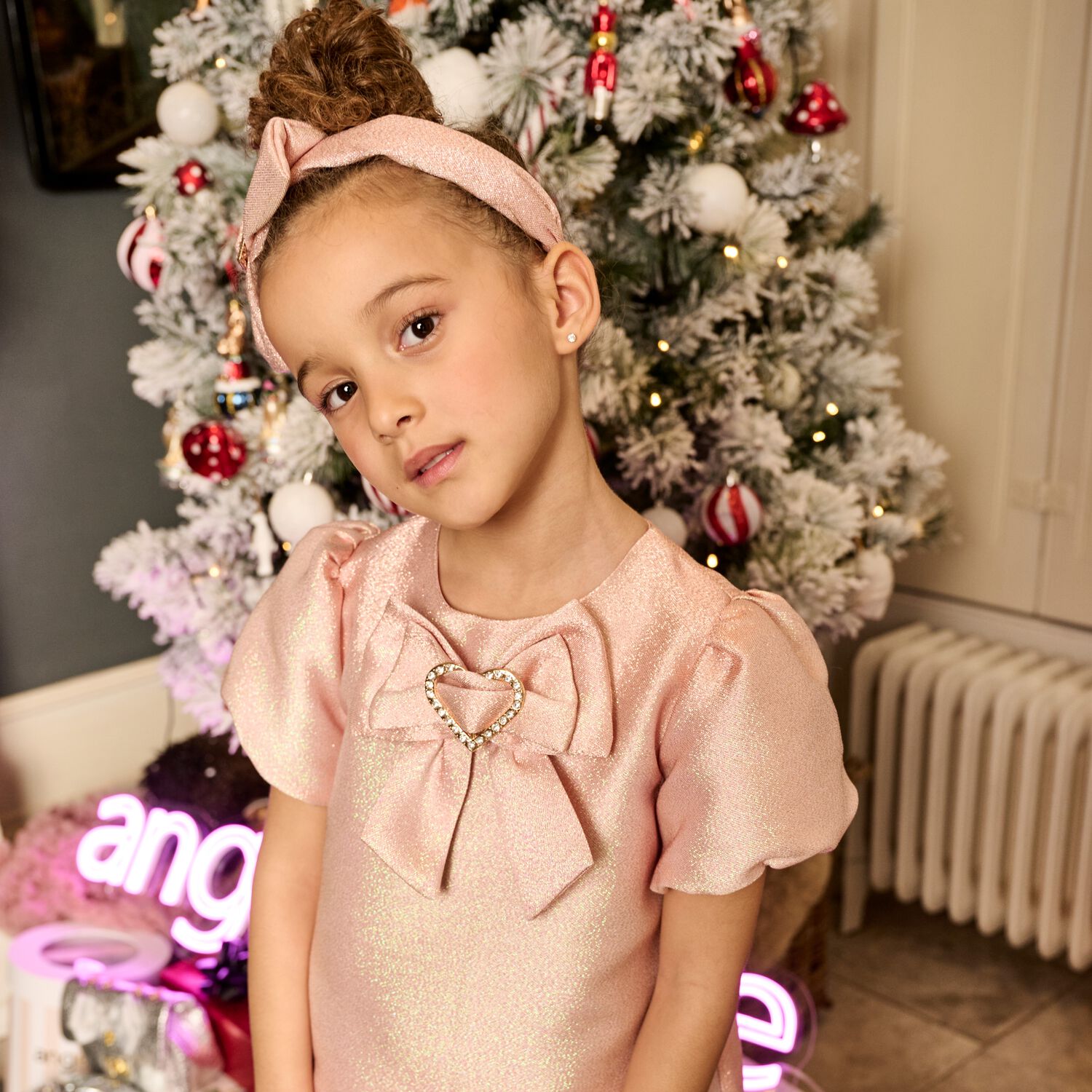 Girls Pink Embellished Bow Dress, 1, hi-res