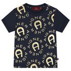 Younger Boys Navy Blue & Gold Logo T-Shirt, 2, hi-res