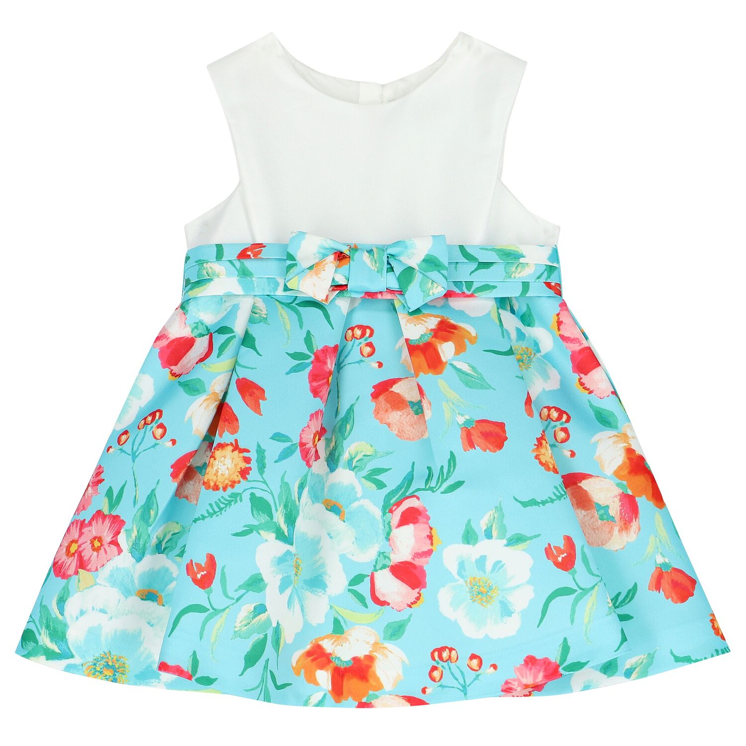 Younger Girls White & Blue Floral Satin Dress, 1, hi-res