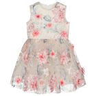 Girls Beige & Pink 3D Floral Tulle Dress, 1, hi-res