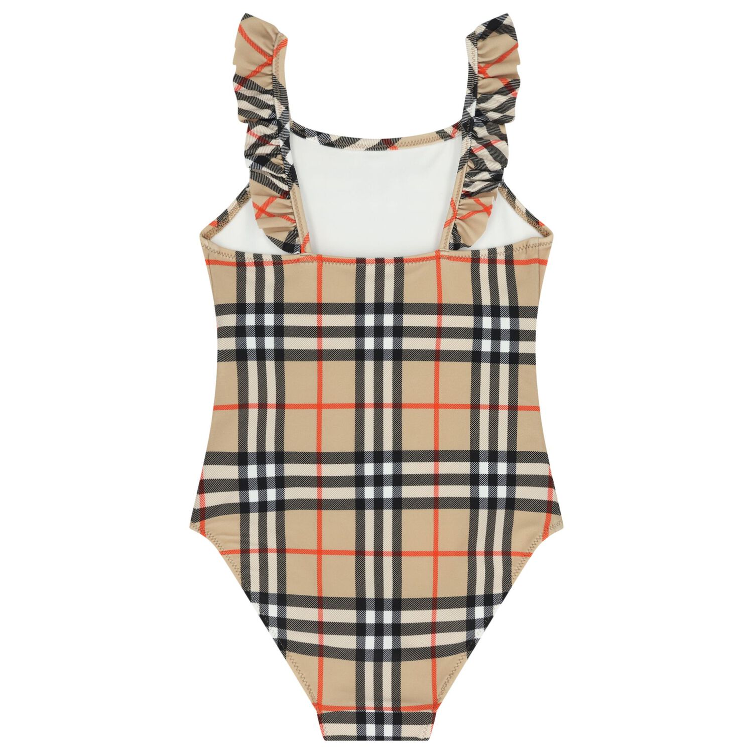 Girls Beige Check Ruffled Swimsuit, 1, hi-res