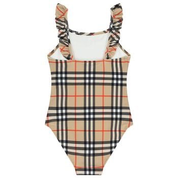 Girls Beige Check Ruffled Swimsuit