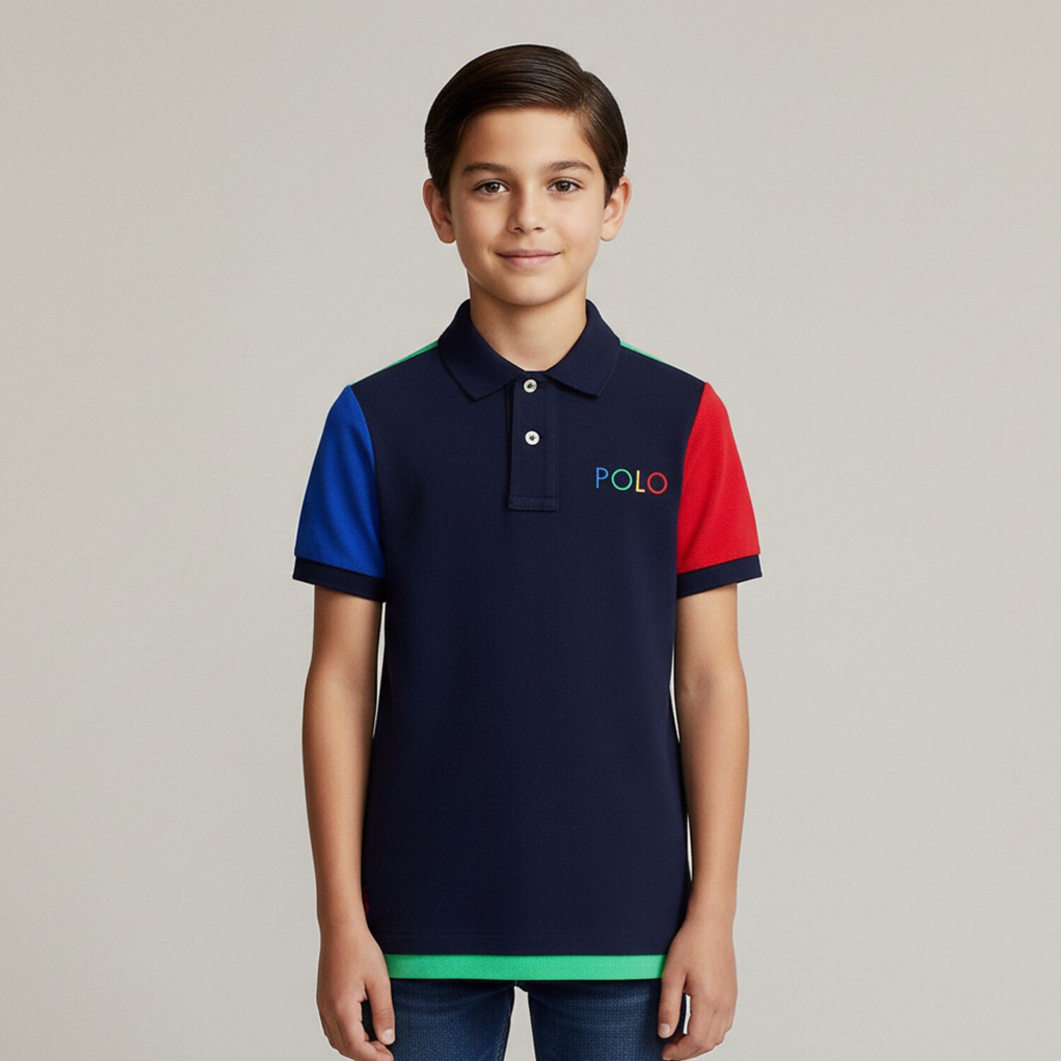 Boys Navy Blue & Green Logo Polo Shirt, 1, hi-res