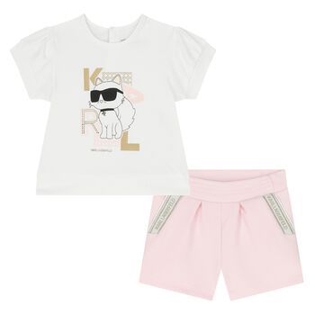 Girls White & Pink Choupette Logo Shorts Set