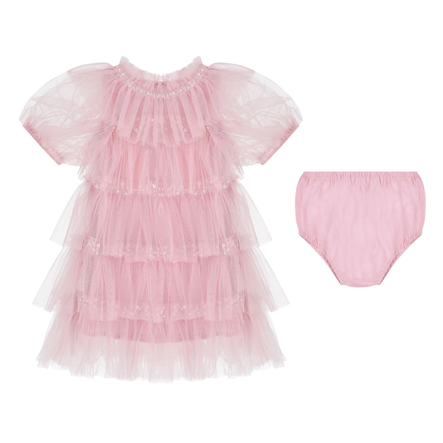 Baby Girls Pink Embellished Tulle Dress Set, 1, hi-res