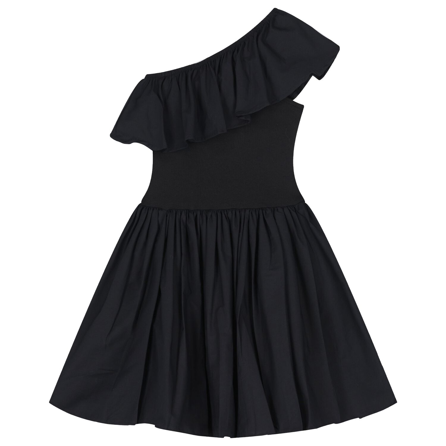 Girls Black Asymmetric Dress, 2, hi-res