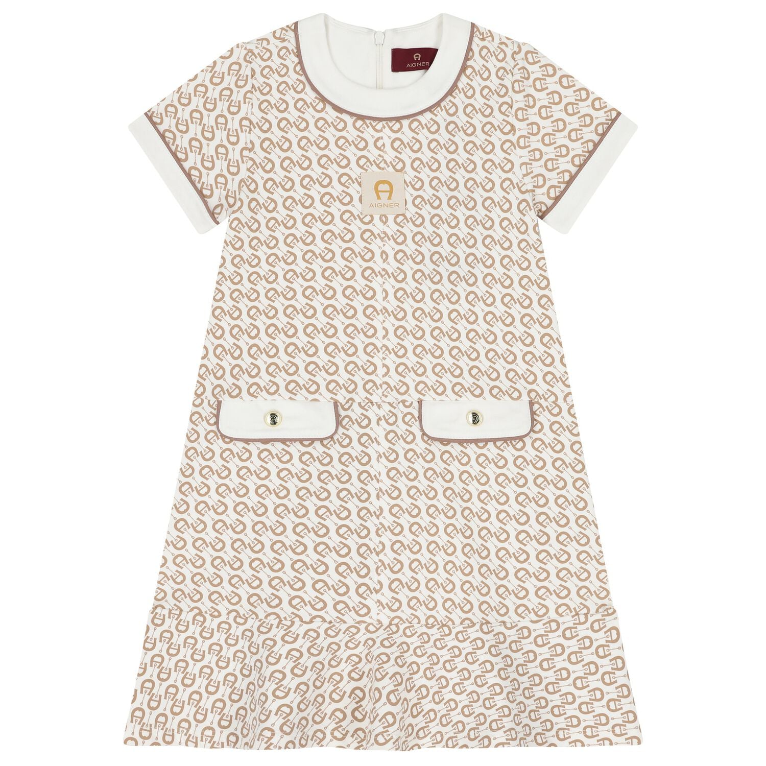 Girls Ivory & Beige Logo Dress, 1, hi-res