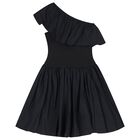 Girls Black Asymmetric Dress, 2, hi-res