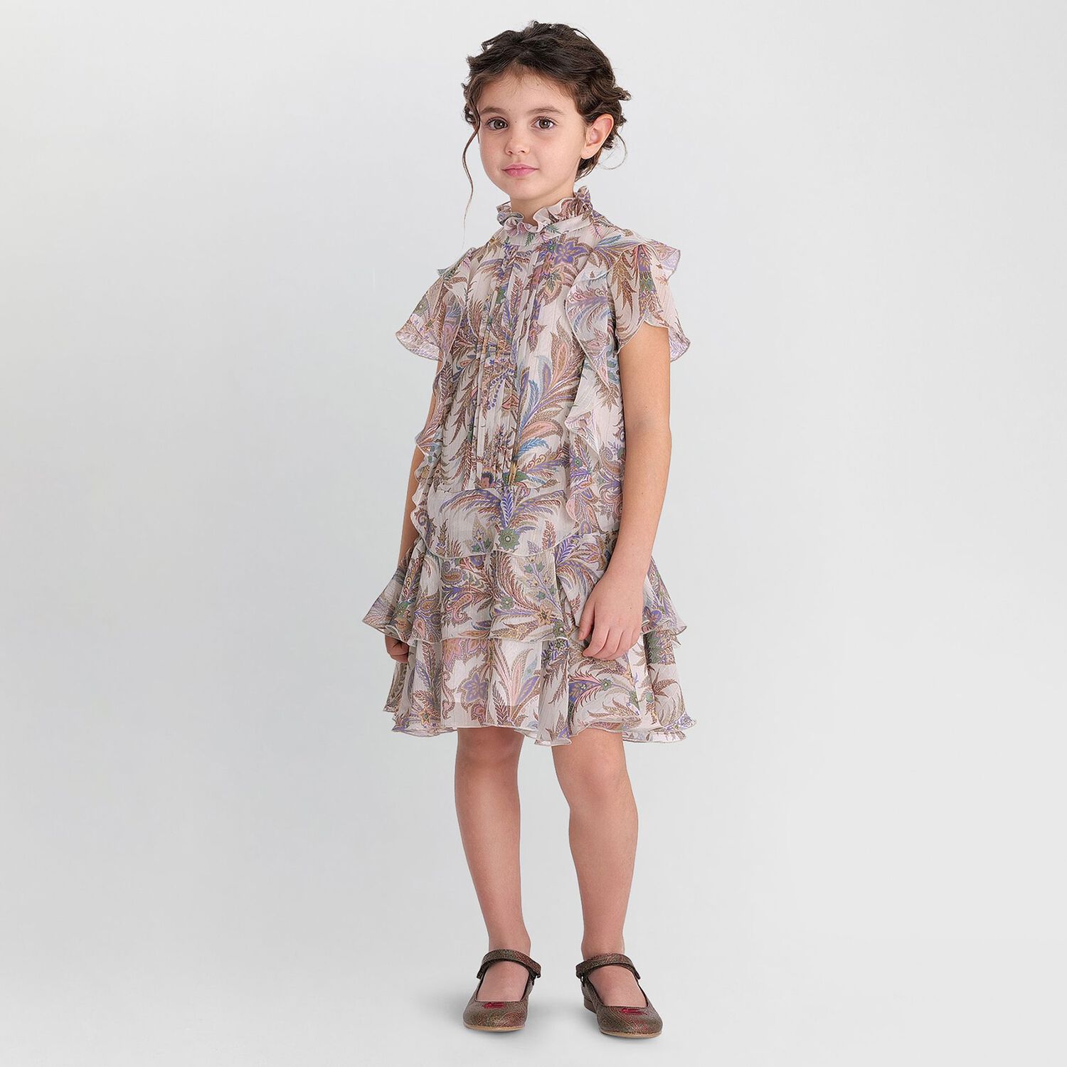 Girls Beige Paisley Ruffle Tiered Dress, 1, hi-res