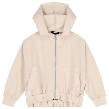 Girls Beige Logo Hooded Zip-Up Top