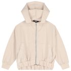 Girls Beige Logo Hooded Zip-Up Top, 2, hi-res