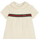 Baby Girls Beige Web Stripe Dress, 1, hi-res