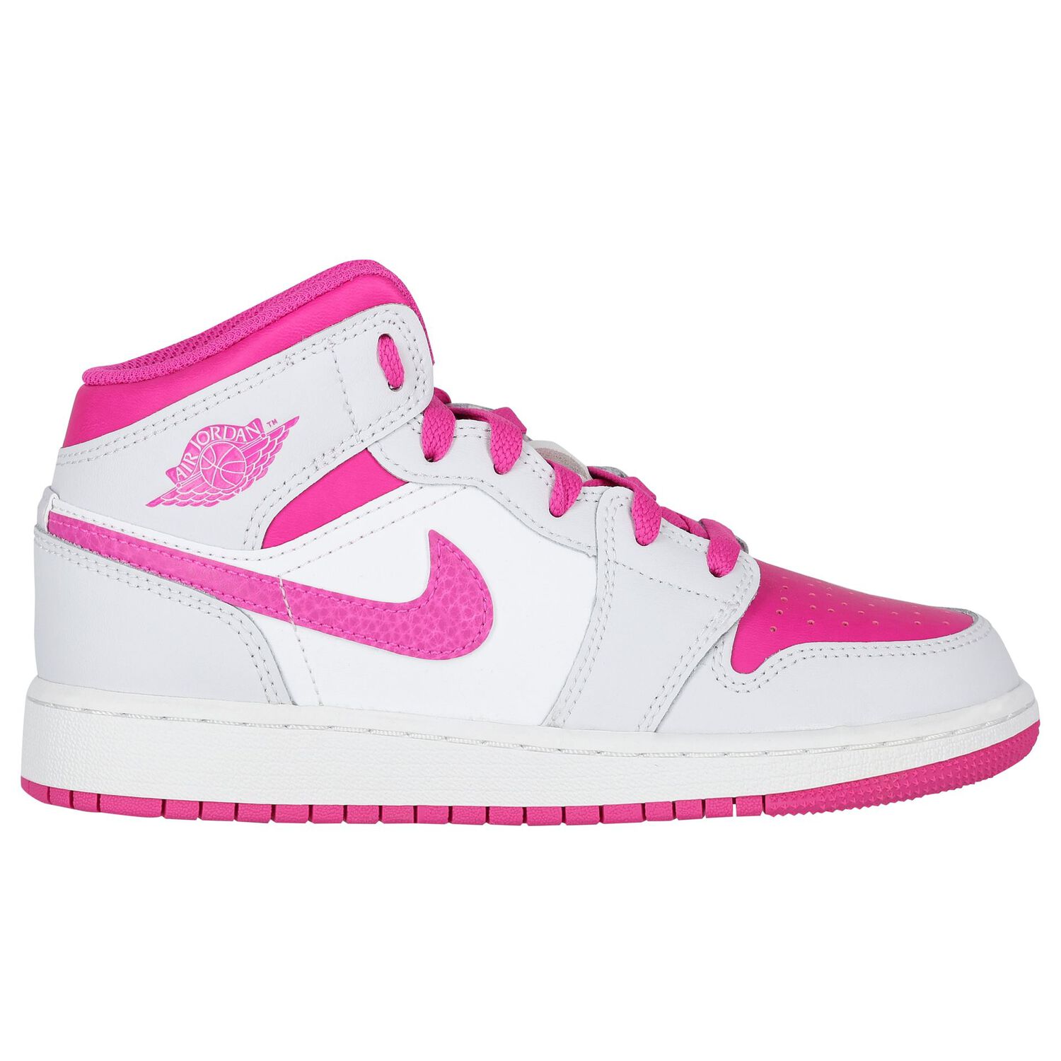Girls White, Grey & Pink Air Jordan 1 Mid Trainers, 1, hi-res