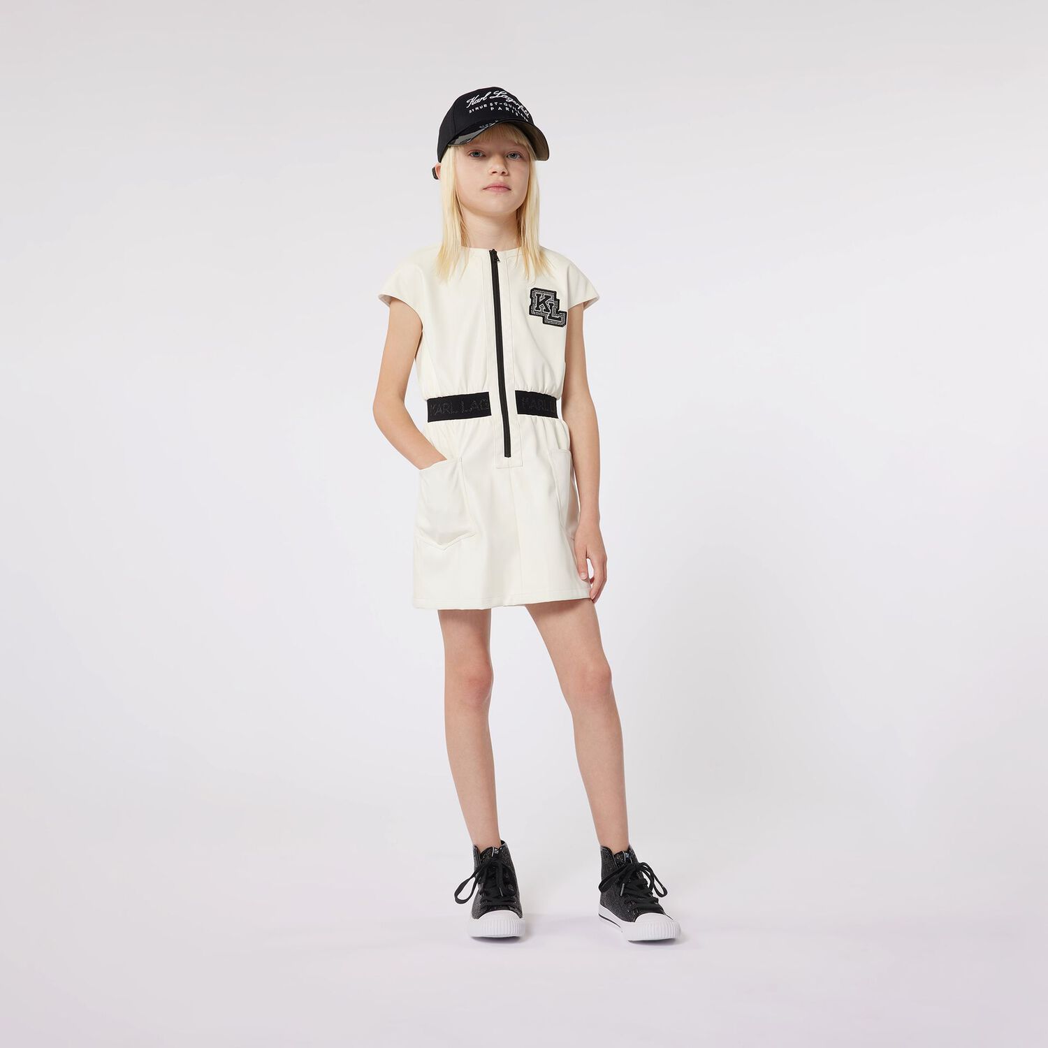 Girls Ivory Rhinestone Logo Dress, 1, hi-res image number null