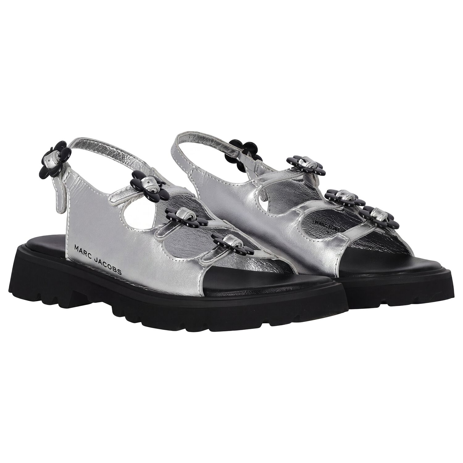 Girls Silver Logo Floral Sandals, 1, hi-res