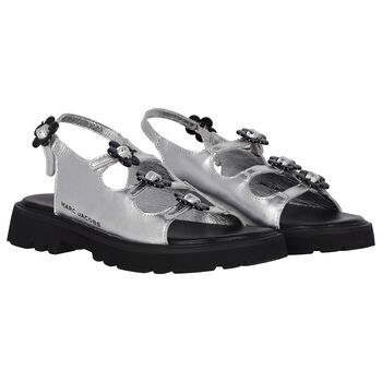 Girls Silver Logo Floral Sandals