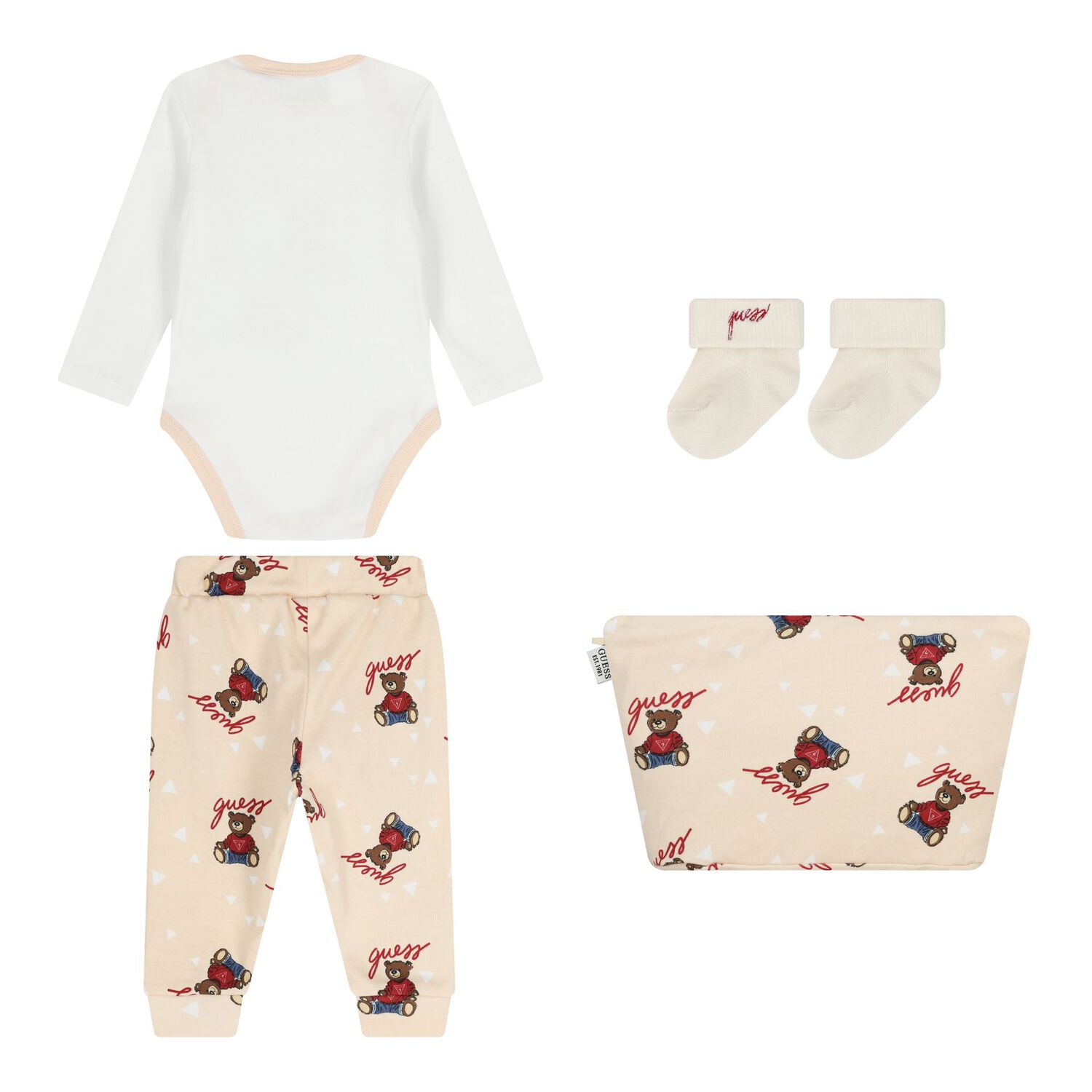 Beige & White Teddy Bear Logo Baby Bodysuit Set, 4, hi-res