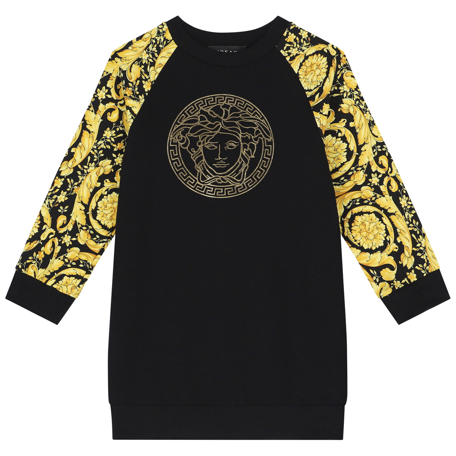 Girls Black & Gold Barocco Medusa Sweatshirt Dress, 1, hi-res