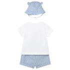Baby Boys White & Blue  Striped Shorts & Hat Set , 1, hi-res