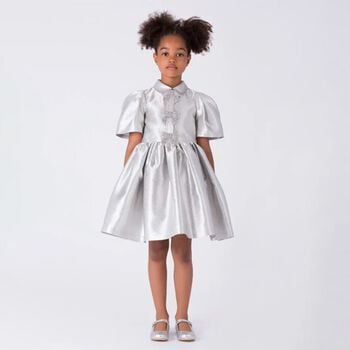 Girls Metallic Silver Glittery Bows Dress