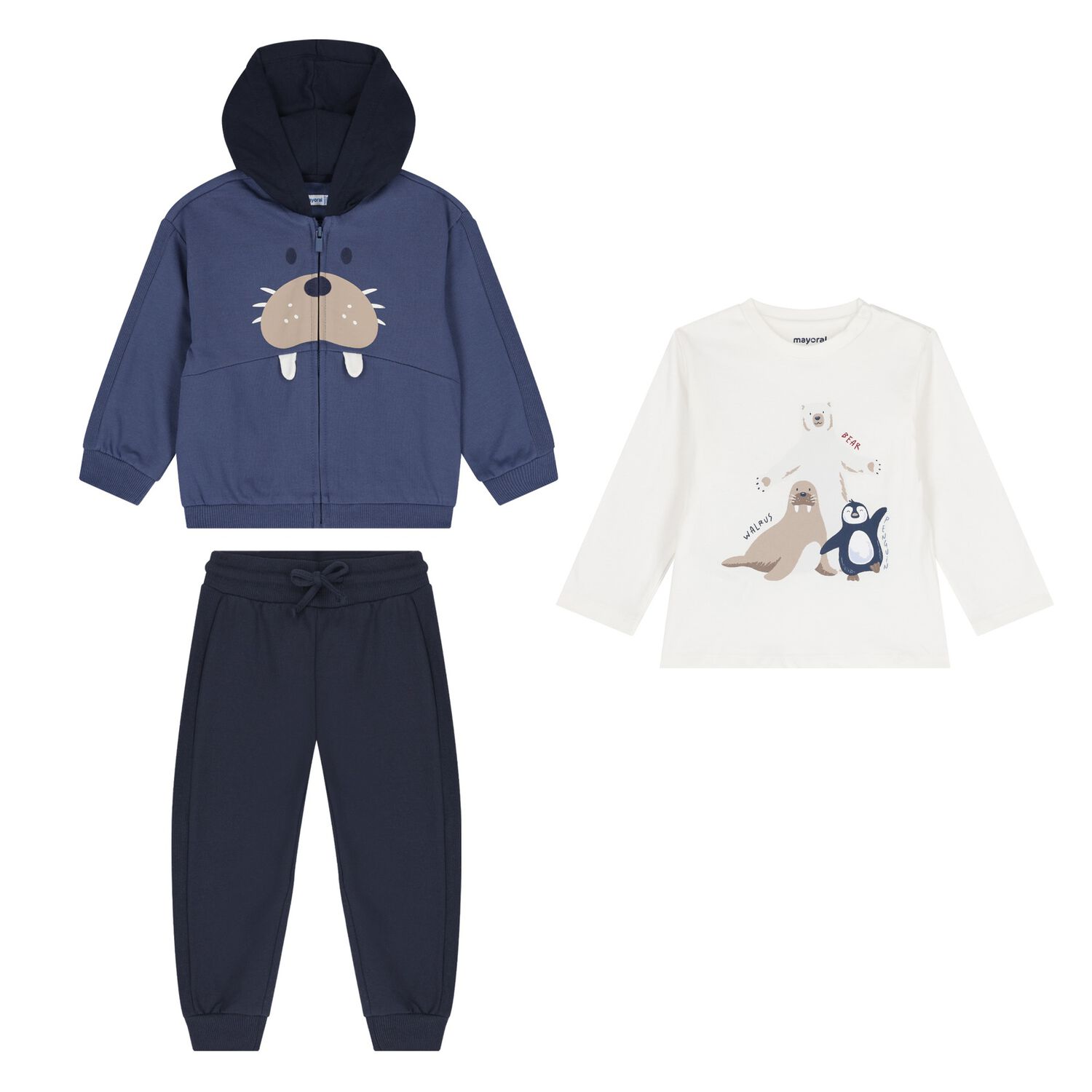 Younger Boys Ivory & Navy Blue Polar Bear Tracksuit Set (3 Piece), 2, hi-res